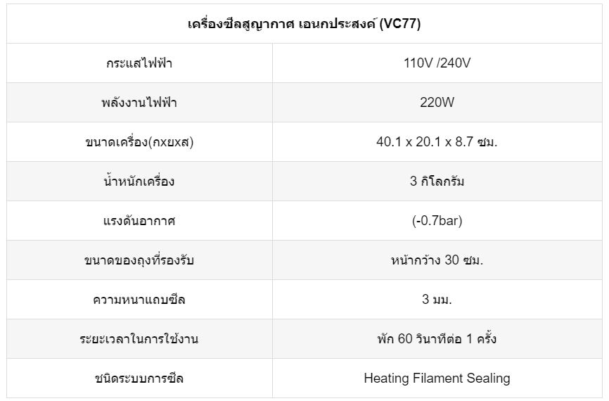 vacuum-sealer-ราคาVC-77-ตาราง