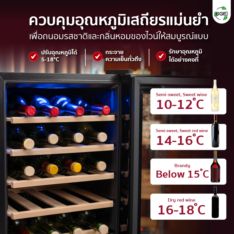 ตู้แช่ไวน์ ตู้เก็บไวน์ รุ่น โซนเดียว ตั้งค่าอุณหภูมิความเย็นได้ 5-18℃