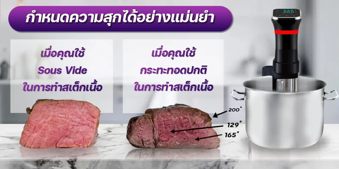 The sous vide machine heats evenly. เครื่องซูวี (sous vide) กำหนดความสุกได้