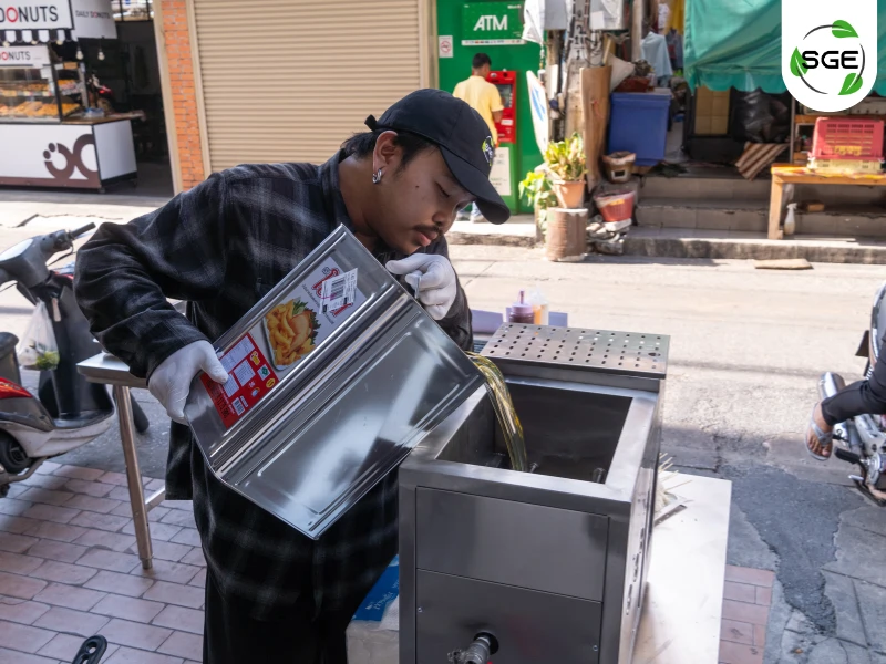 แนะนำให้เทน้ำมันช้า ๆ หรือเทลงบนแผ่นรอง หลีกเลี่ยงการเทตรง ๆ ลงในน้ำ