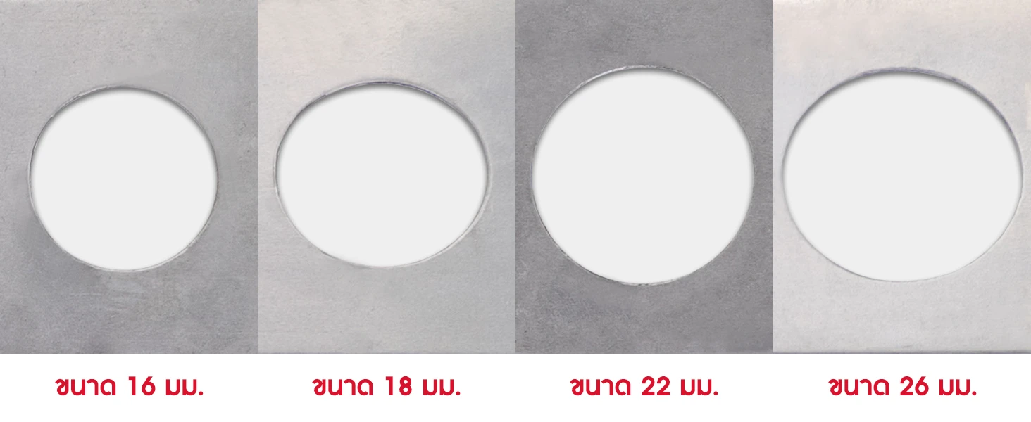 ขนาดเปรียบเทียบแม่พิมพ์ลูกชิ้นขนาด 16, 18, 22, 26 มม. สำหรับเครื่องทำลูกชิ้น รุ่น MB-B-A10 ขนาดเปรียบเทียบแม่พิมพ์ลูกชิ้นขนาด 16, 18, 22, 26 มม. สำหรับเครื่องทำลูกชิ้น รุ่น MB-B-A10