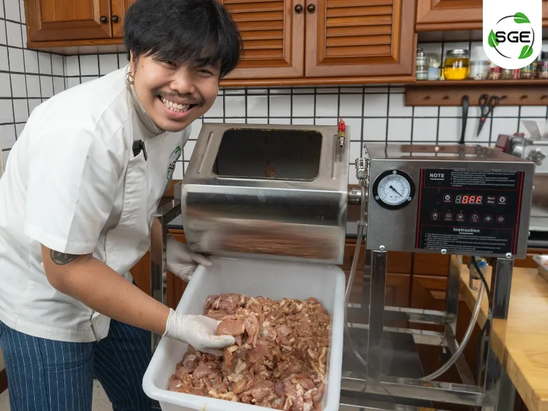 วิธีทำ หมูปิ้ง ขั้นตอนการ นำหมูที่สไลด์ไว้ใส่ลงใน เครื่องหมักสูญญากาศ