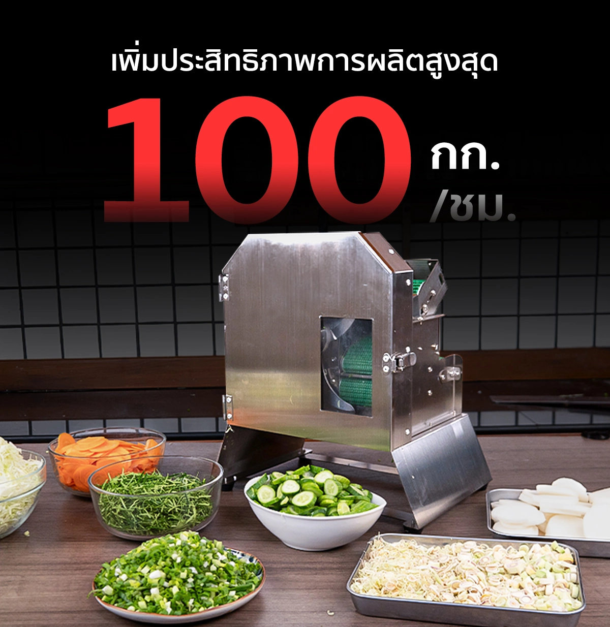 เครื่องหั่นผักสายพาน เครื่องหั่นซอยผัก กำลังผลิตสูง 100 กก./ชม.