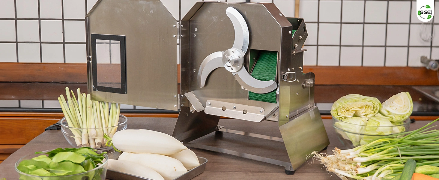 ภาพสินค้าจริง 01 เครื่องหั่นผักสายพาน เครื่องหั่นซอยผัก ใบมีดกังหัน VS-SPIN