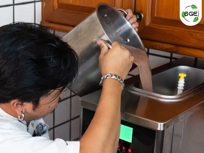 วิธีการใช้งาน เครื่องเครื่องทําไอศครีม Soft Serve ขั้นตอนเติมเนื้อไอศครีมเหลว