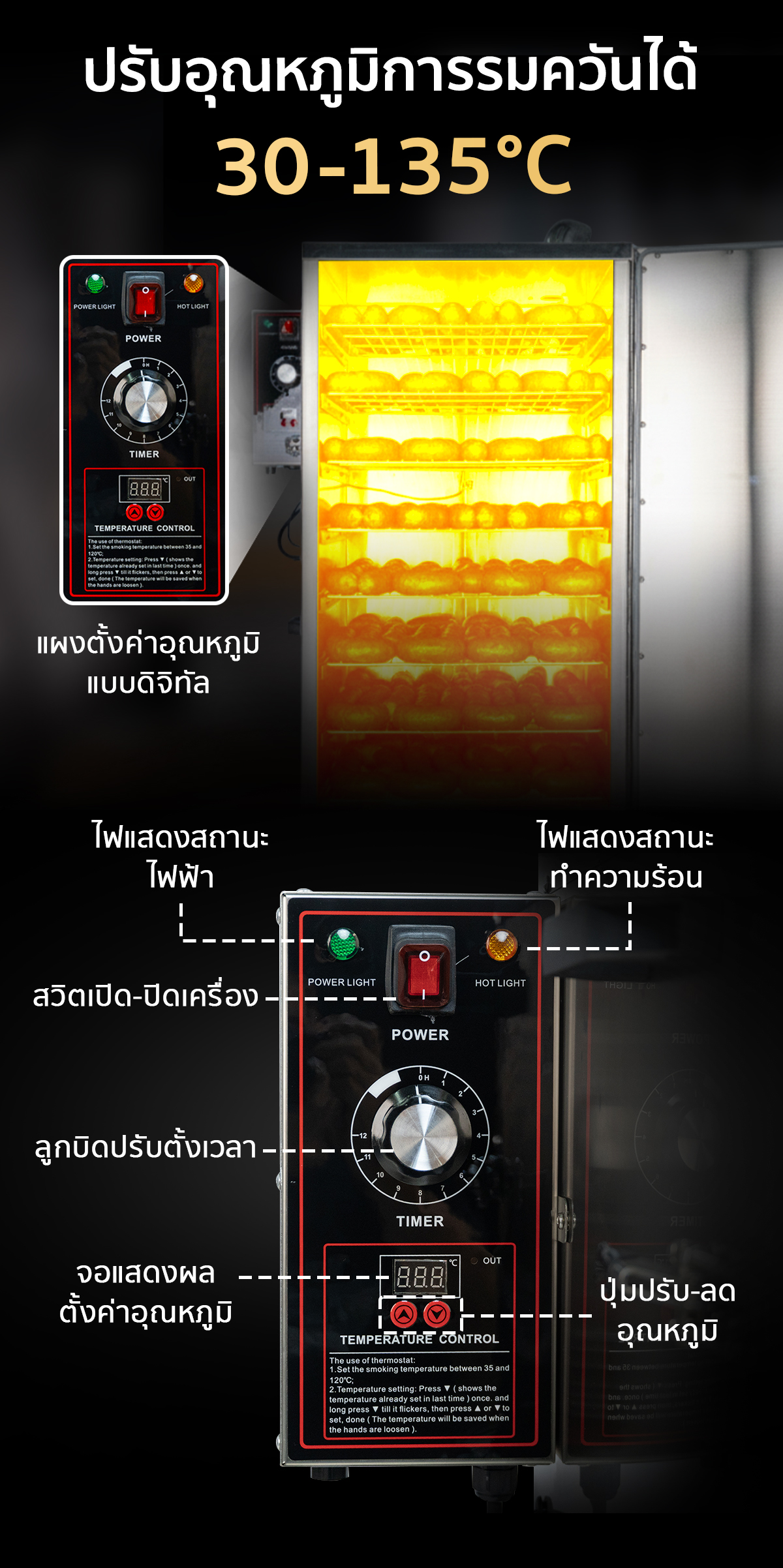 เครื่องรมควัน ตู้อบรมควัน มาพร้อมแผงควบคุมและจอแสดงผลดิจิทัล ตั้งอุณหภูมิได้ 30-135°C เครื่องรมควัน ตู้อบรมควัน มาพร้อมแผงควบคุมและจอแสดงผลดิจิทัล ตั้งอุณหภูมิได้ 30-135°C