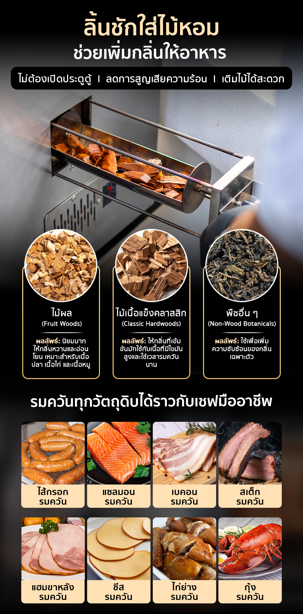 เครื่องรมควัน ตู้อบรมควัน ด้านข้างมีช่องเติมไม้ ไม่ต้องเปิดประตูตู้ รมควันได้หลากหลายเมนู เครื่องรมควัน ตู้อบรมควัน ด้านข้างมีช่องเติมไม้ ไม่ต้องเปิดประตูตู้ รมควันได้หลากหลายเมนู