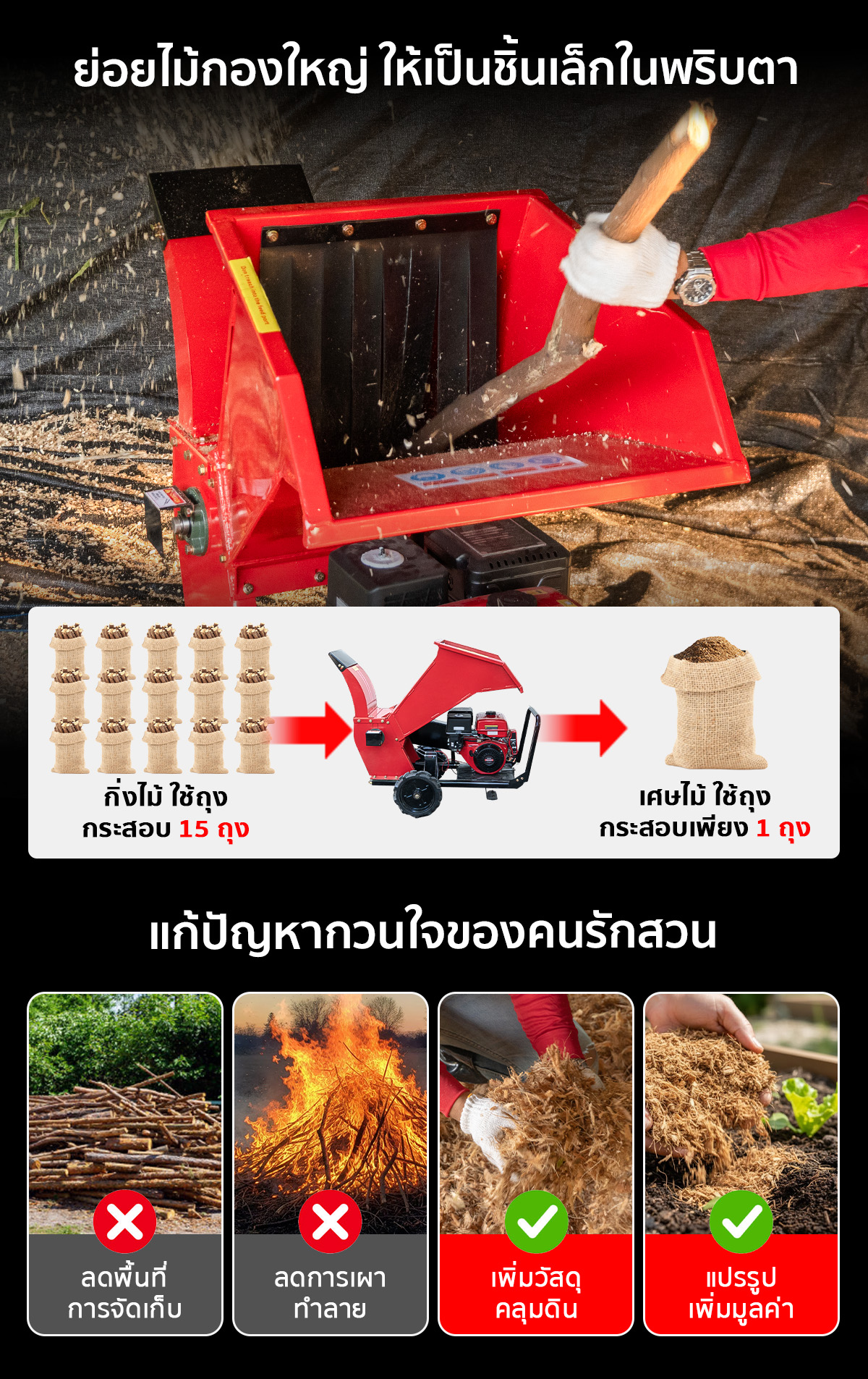 เครื่องย่อยกิ่งไม้ เครื่องสับย่อยอเนกประสงค์ ย่อยไม้กองใหญ่ ให้เป็นชิ้นเล็กในพริบตา