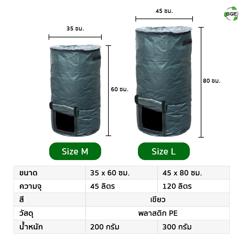 ตารางขนาดสินค้า ถุงหมักปุ๋ย
