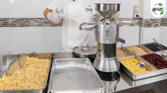 วัตถุดิบทำน้ำเต้าหู้ และเครื่องทำน้ำเต้าหู้แบบแยกกากอัตโนมัติ