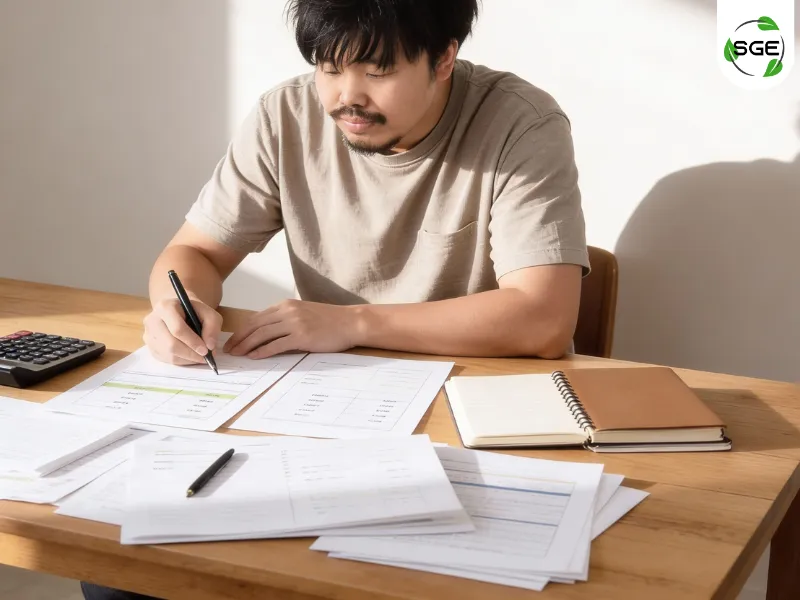 ผู้ชายกำลังเขียนคำนวนต้นทุนกำไร