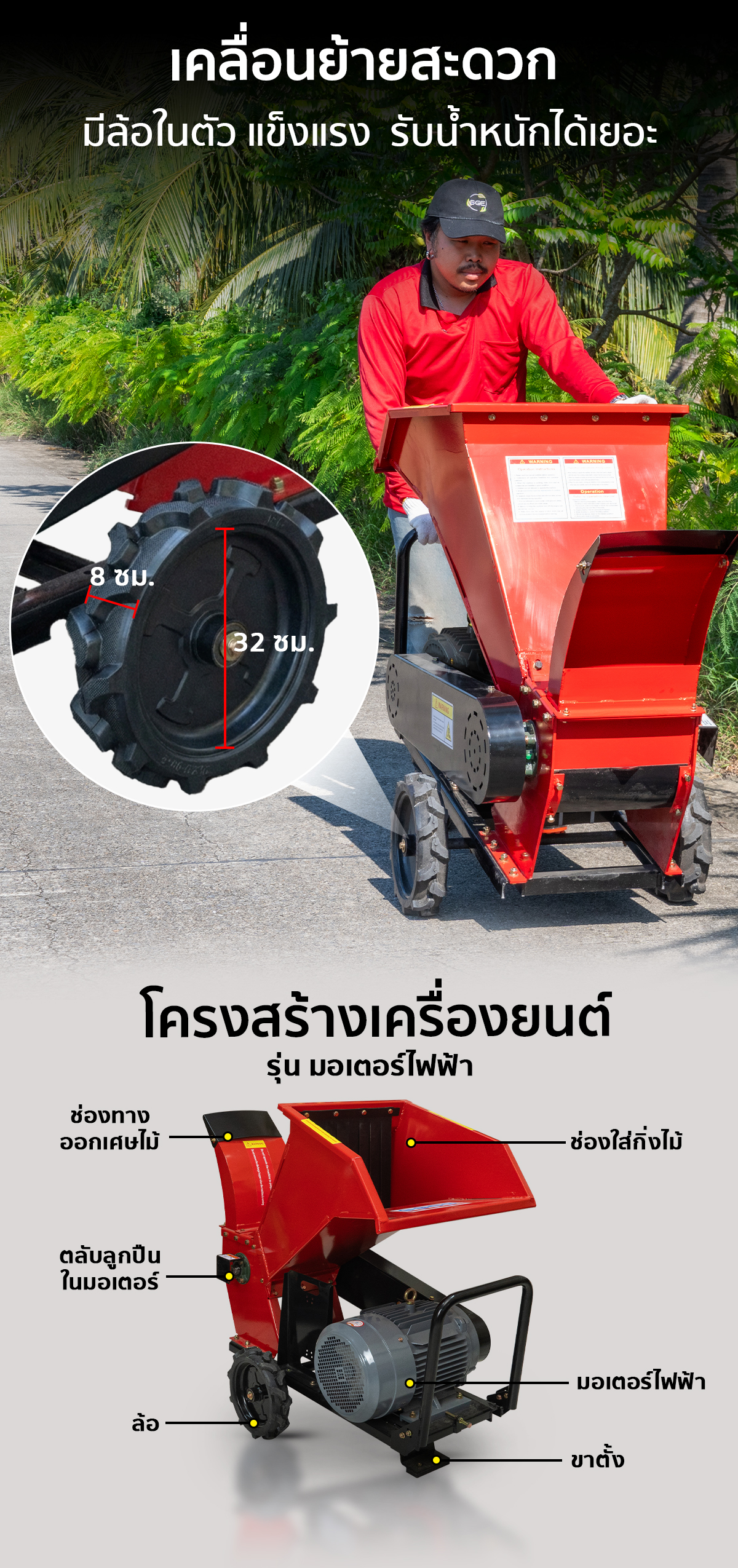 เครื่องย่อยกิ่งไม้ เครื่องสับย่อยอเนกประสงค์ มอเตอร์ไฟฟ้า ติดตั้งพร้อมล้อ เคลื่อนย้ายสะดวก