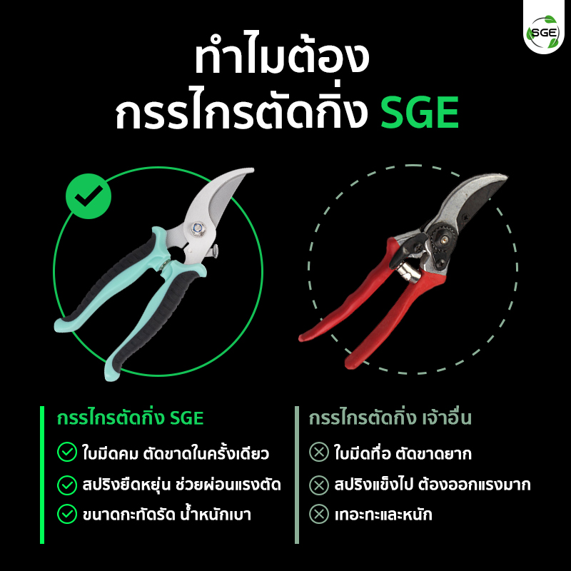 จุดเด่นของ กรรไกรตัดกิ่ง กรรไกรตัดแต่งกิ่ง แบบปากโค้ง ขนาด 7 นิ้ว SGE