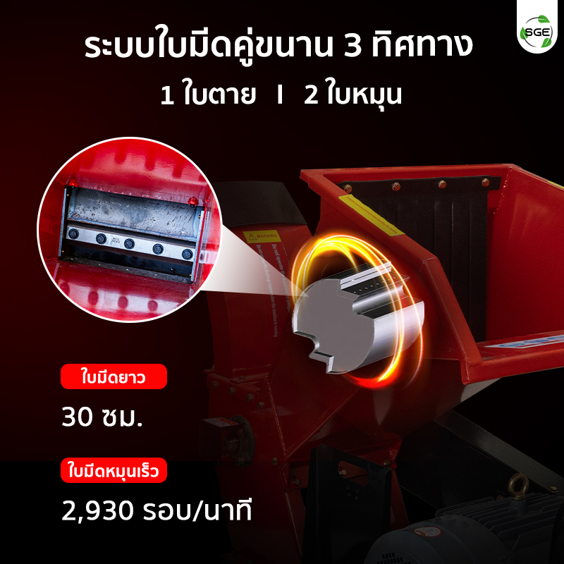 เครื่องย่อยกิ่งไม้ เครื่องสับย่อยอเนกประสงค์ มอเตอร์ไฟฟ้า ความเร็วใบมีดตัด 2,930 รอบ/นาที