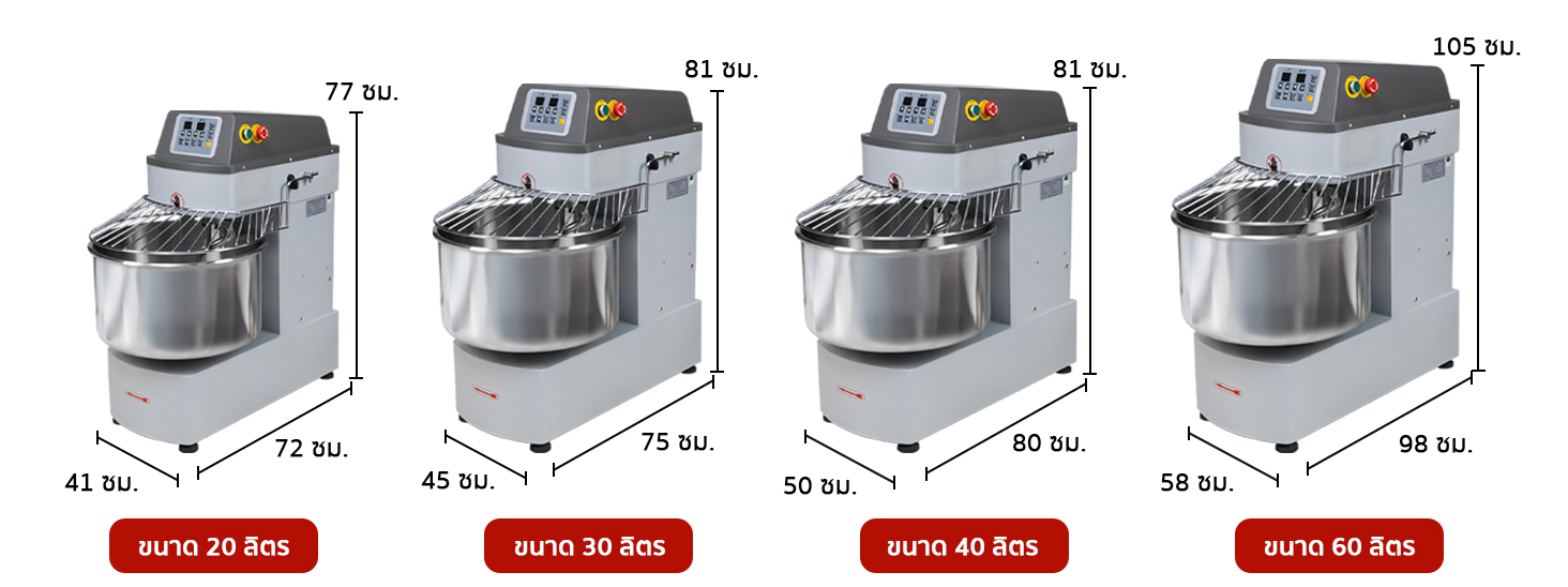 ตารางขนาดสินค้า เครื่องนวดแป้ง Spiral Mixer ตารางขนาดสินค้า เครื่องนวดแป้ง Spiral Mixer