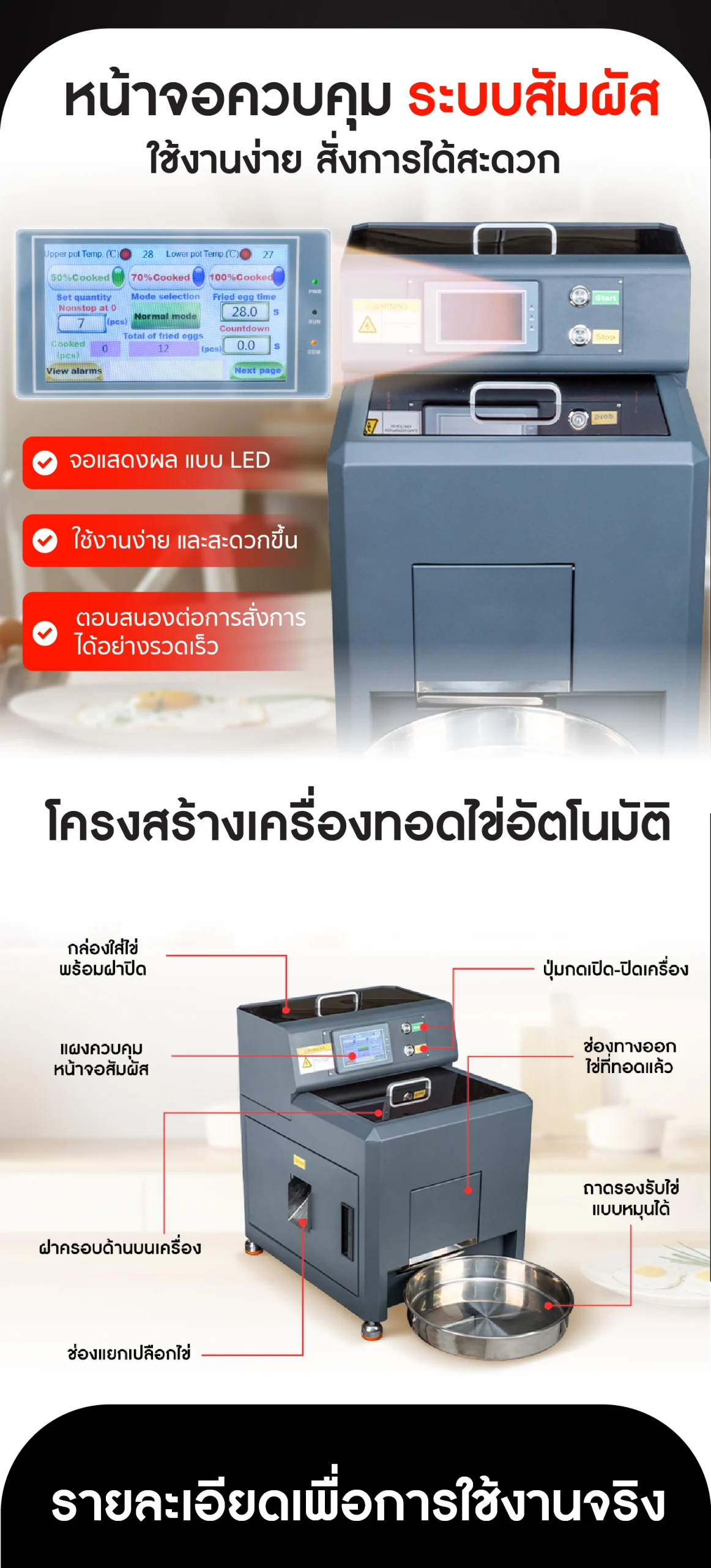เครื่องทอดไข่ดาวอัตโนมัติ หน้าจอควบคุมระบบสัมผัส