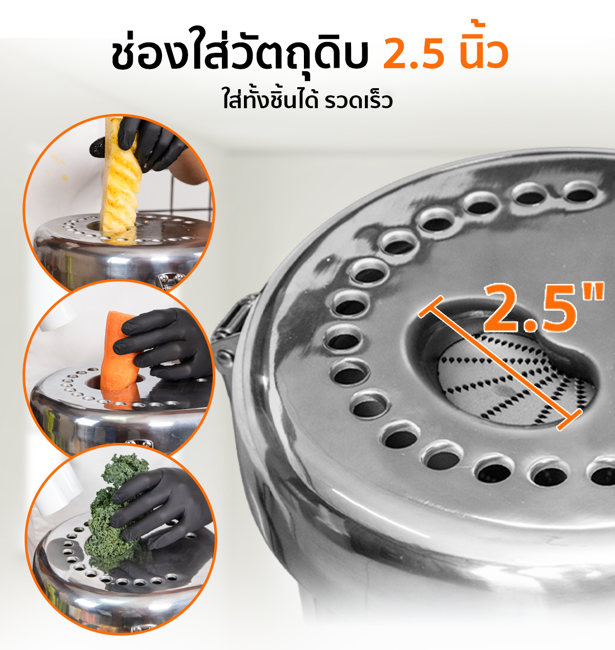 เครื่องคั้นน้ำผลไม้แยกกาก FJI370 มีช่องใส่วัตถุดิบขนาด 2.5 นิ้ว