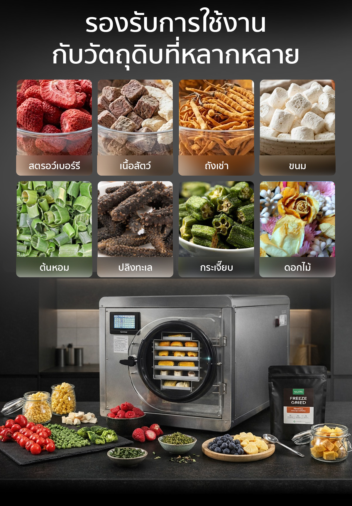 เครื่องฟรีซดรายสุญญากาศ รองรับการใช้งานกับวัตถุดิบที่หลากหลาย