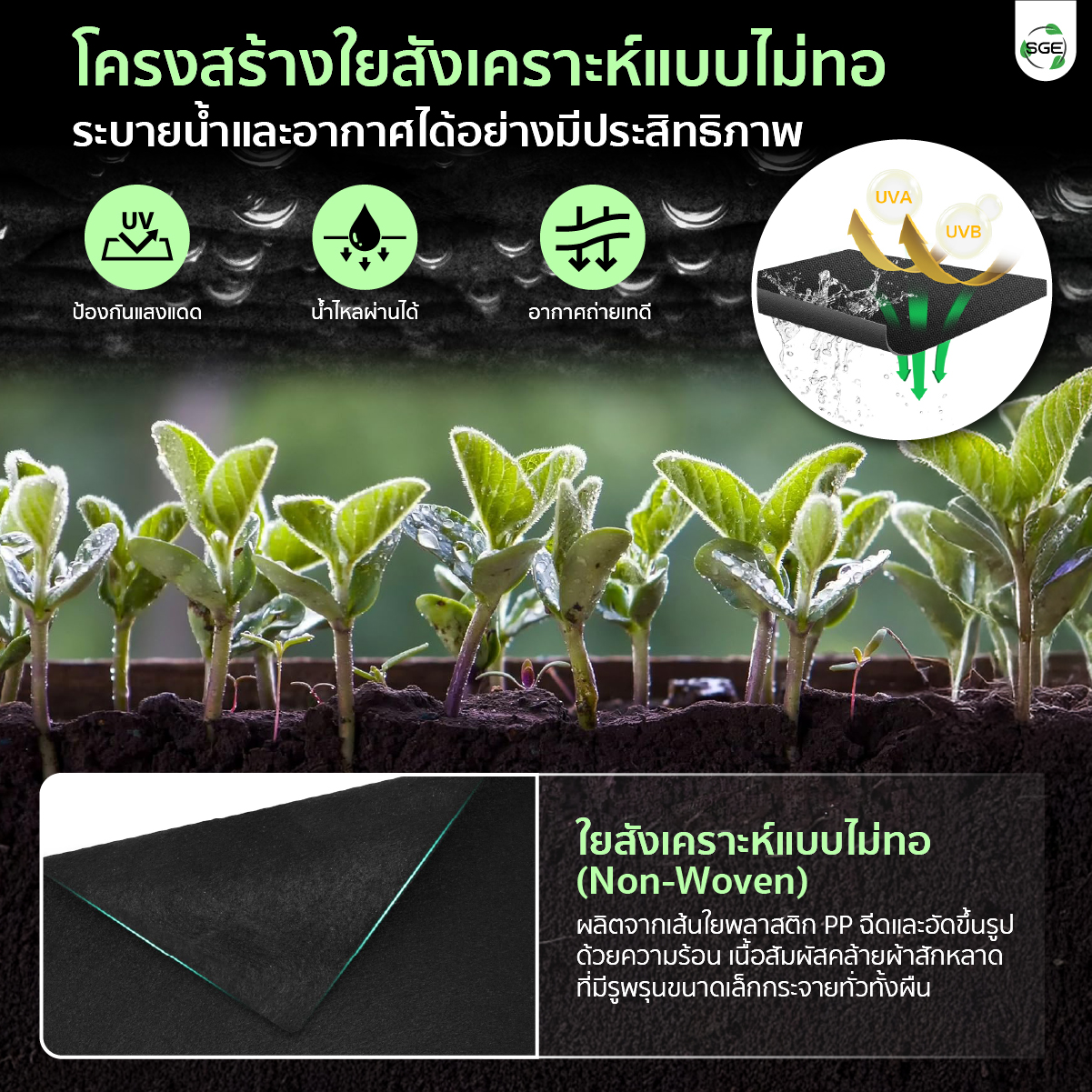 คุณสมบัติ ผ้าคลุมดินใยสังเคราะห์ SGE