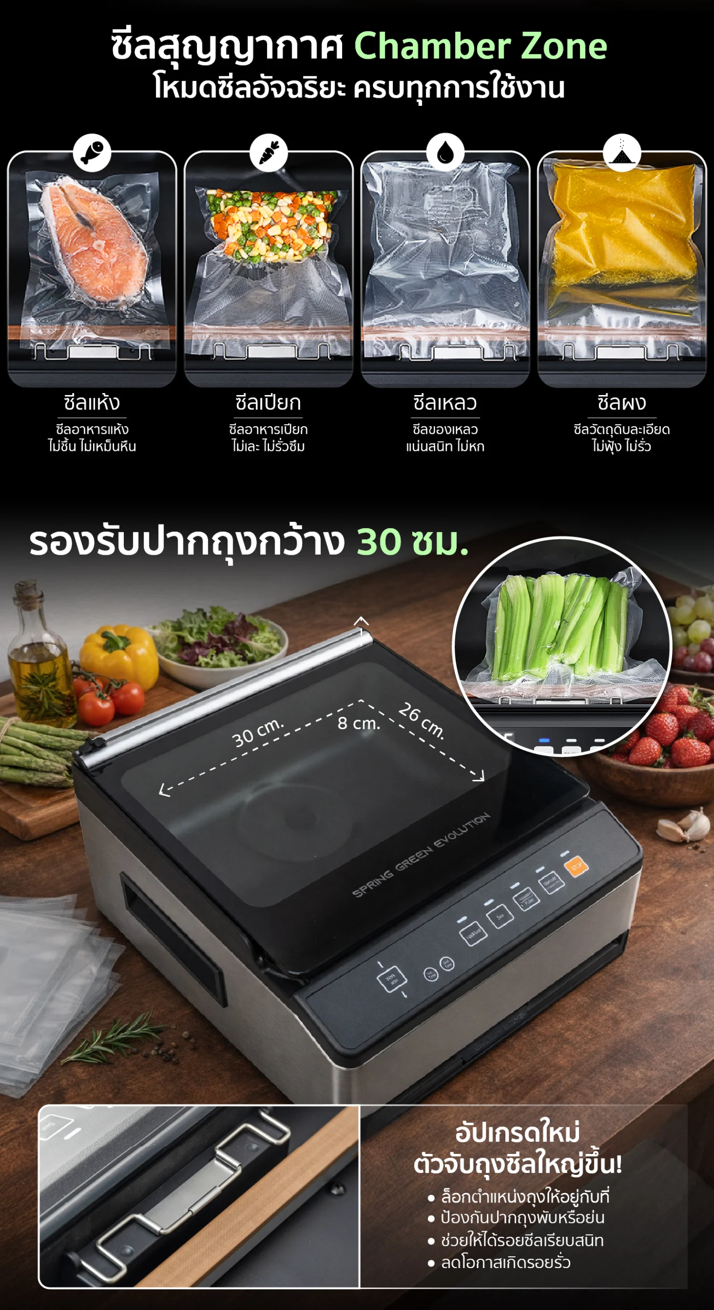 คุณสมบัติ เครื่องซีลสูญญากาศ กึ่งอุตสาหกรรม VC-CUBE-G2