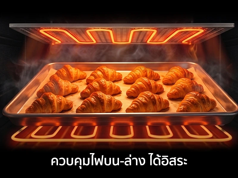 ควบคุมไฟบน-ล่าง แยกกันได้อิสระ กราฟิกแสดงการทำงานของฮีตเตอร์ไฟบนและไฟล่างในเตาอบที่แยกการทำงานอย่างอิสระ ช่วยให้ขนมสุกทั่วถึงและสีสวย