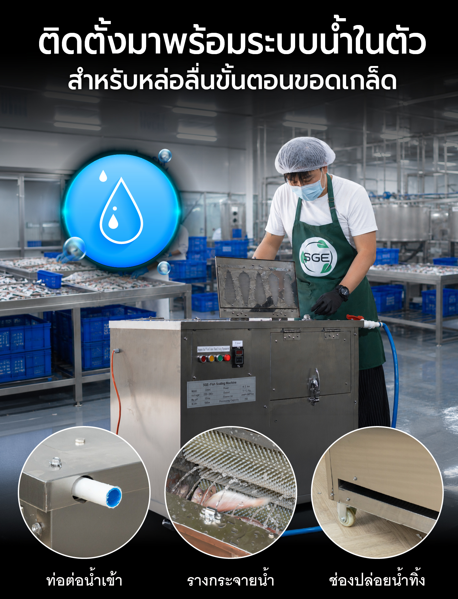 เครื่องขอดเกล็ดปลา ติดตั้งระบบน้ำในตัว