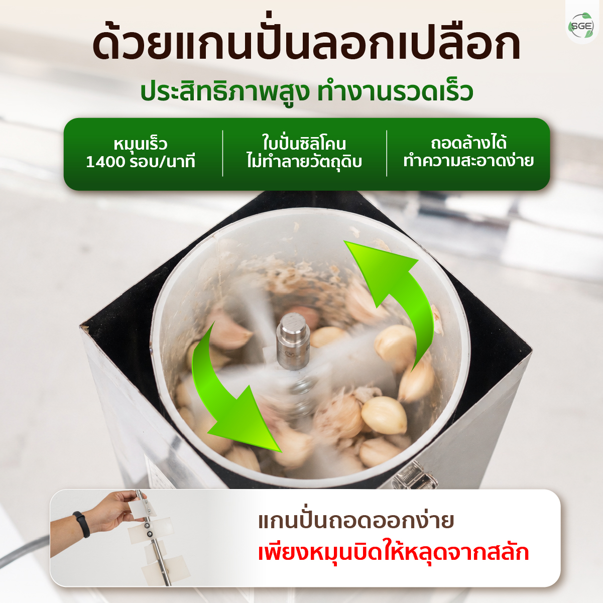เครื่องปอกกระเทียม เครื่องแกะกระเทียม ปอกกลีบกระเทียม กำลังผลิต 25 กก./ชม. สามารถปอกได้ทั้งกระเทียมไทยและจีน SGE
