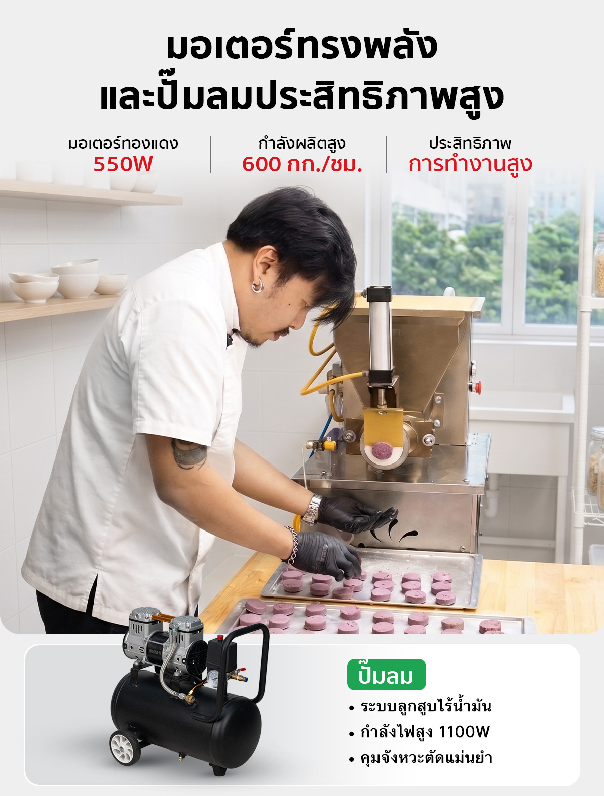 PC-DDM600-09 เครื่องตัดแป้ง แบ่งแป้ง แบ่งไส้ขนม อัตโนมัติ ระบบปั๊มลมนิวเมติก SGE