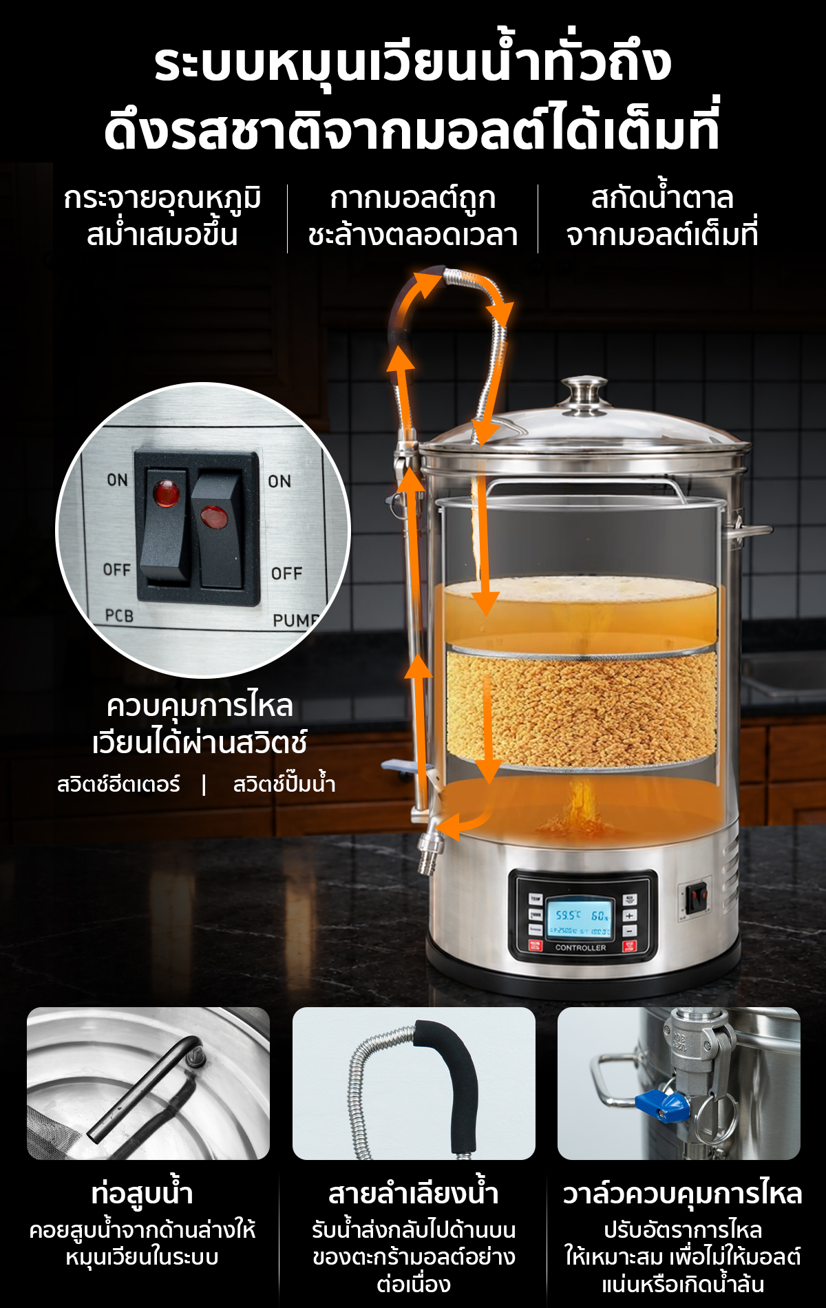 หม้อต้มเบียร์ เครื่องต้มเบียร์ไฟฟ้า หม้อต้มเบียร์ ไฟฟ้า All-in-One เครื่องต้มเบียร์ แมชชิ่งเบียร์ ขนาด 30 ลิตร ควบคุมอุณหภูมิแม่นยำ