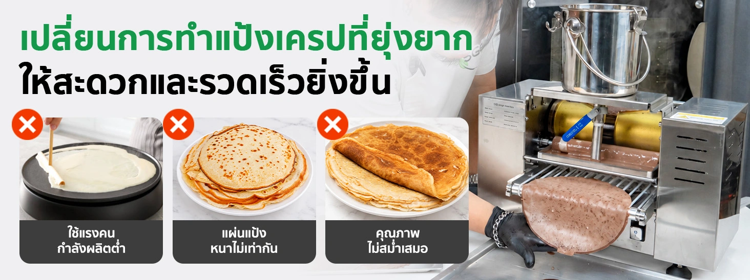 เครื่องทำเครปอัตโนมัติ SGE เครื่องทำเครป เครื่องทําแผ่นปอเปี๊ยะ เครื่องทำแผ่นแป้ง อัตโนมัติ ขนาดแป้ง 6, 8 นิ้ว กำลังผลิต 300 แผ่น/ชม. SGE