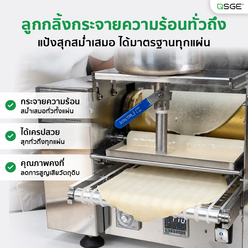 เครื่องทำเครป เครื่องทําแผ่นปอเปี๊ยะ เครื่องทำแผ่นแป้ง อัตโนมัติ ขนาดแป้ง 6, 8 นิ้ว กำลังผลิต 300 แผ่น/ชม. SGE