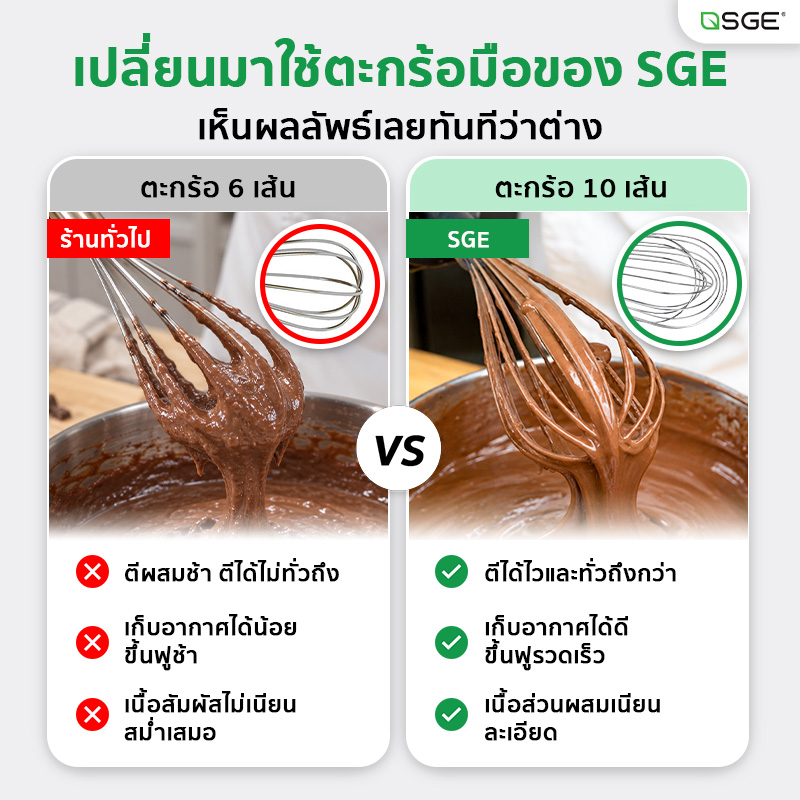 ตะกร้อมือ ตะกร้อตีไข่ สแตนเลส 430 หัว 10 เส้น หนา 1 มม. ด้ามจับถนัดมือ สำหรับทำอาหารและเบเกอรี่ SGE