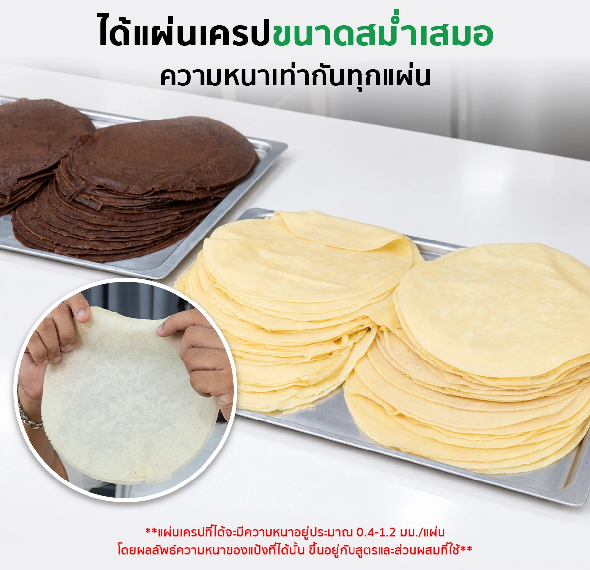 เครื่องทำเครปอัตโนมัติ SGE เครื่องทำเครป เครื่องทําแผ่นปอเปี๊ยะ เครื่องทำแผ่นแป้ง อัตโนมัติ ขนาดแป้ง 6, 8 นิ้ว กำลังผลิต 300 แผ่น/ชม. SGE