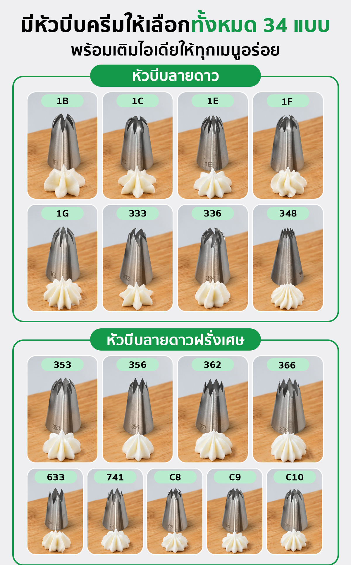 หัวบีบวิปครีม หัวบีบครีม หัวบีบเค้กหัวบีบวิปครีม หัวบีบครีม หัวบีบเค้ก หัวบีบวิปครีม หัวบีบครีม หัวบีบเค้ก ขนาดกลาง-ใหญ่ อุปกรณ์เบเกอรี่ ตกแต่งเค้ก สแตนเลส 304 มีให้เลือก 34 แบบ SGE
